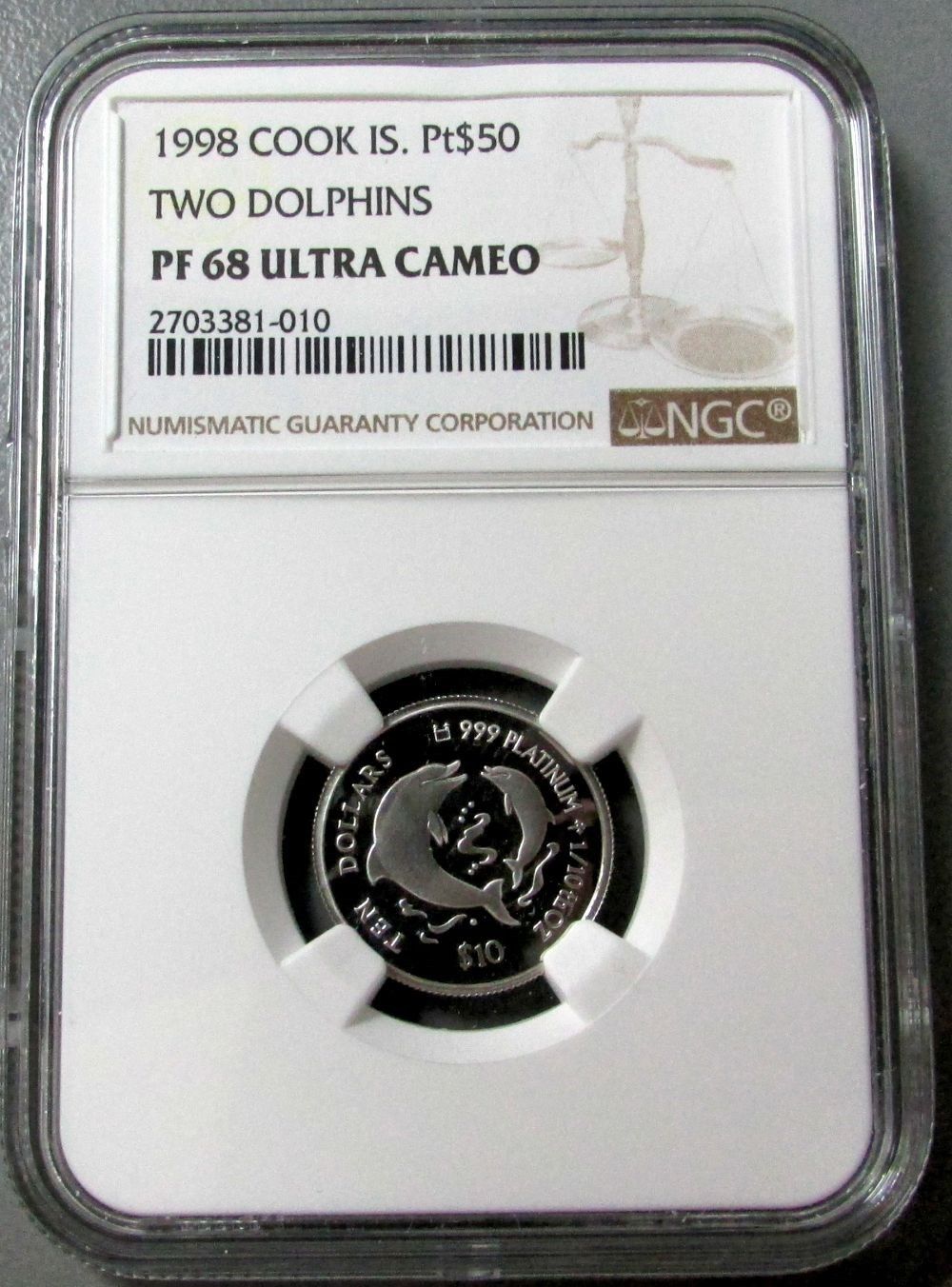 1998 PLATINUM COOK ISLANDS $50 DOLPHIN'S 1/10 OZ COIN NGC PROOF 68 ULTRA CAMEO