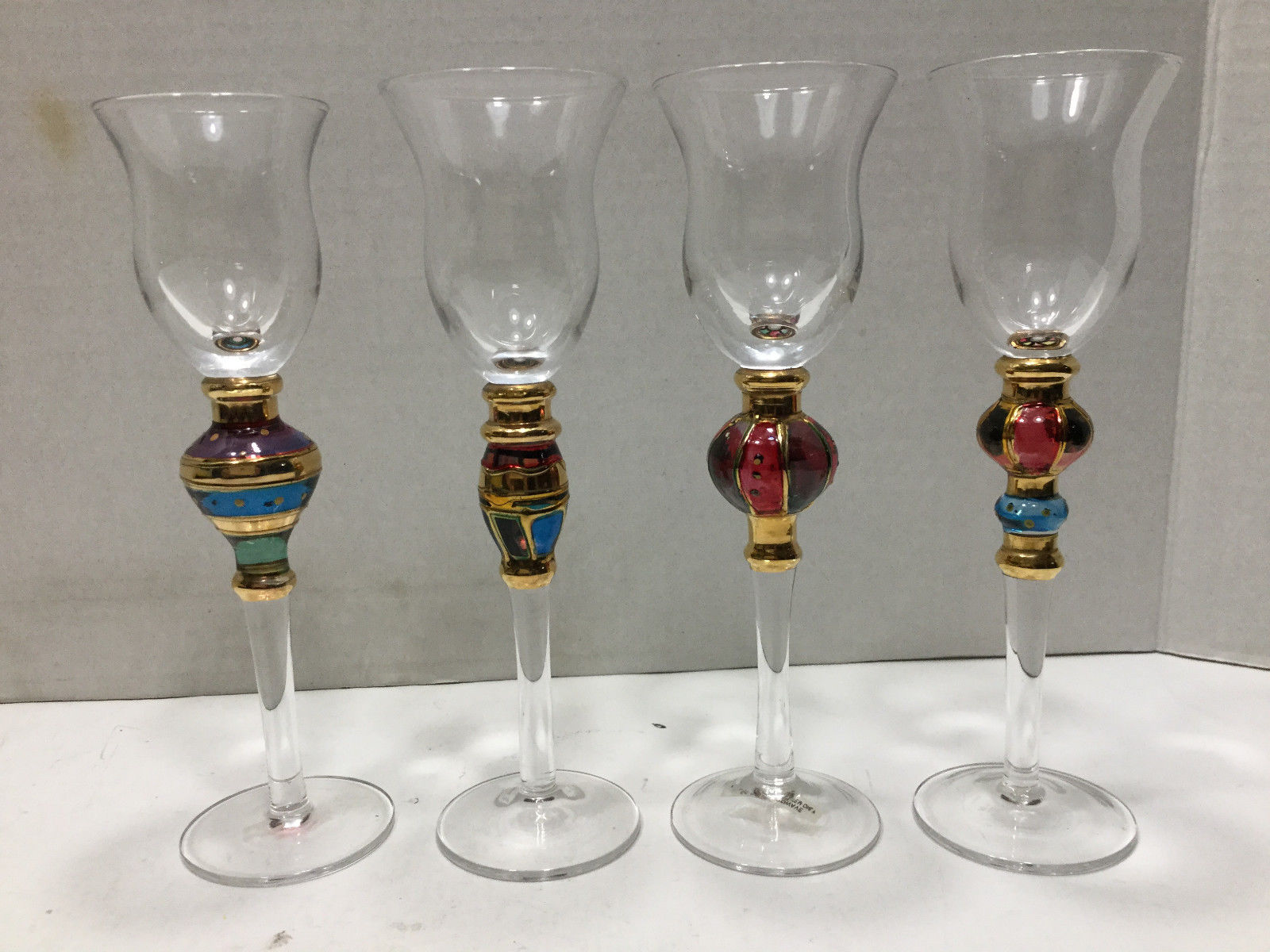 Vintage Set of 4 Cordial Glasses With Colored Glass