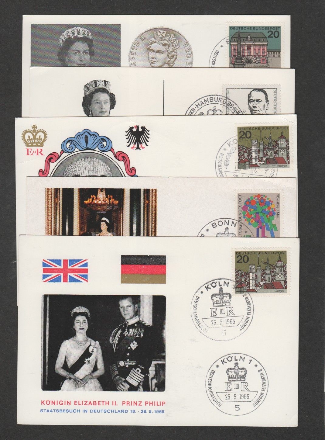 Germany 1965 QEII Royal visit set of 5 different souvenir postcards