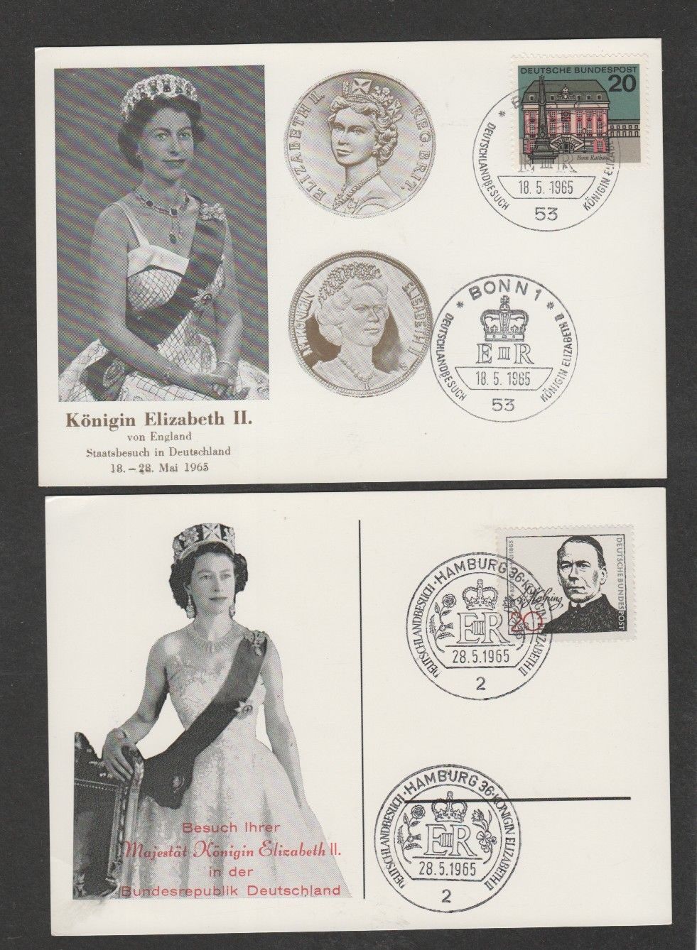 Germany 1965 QEII Royal visit set of 5 different souvenir postcards