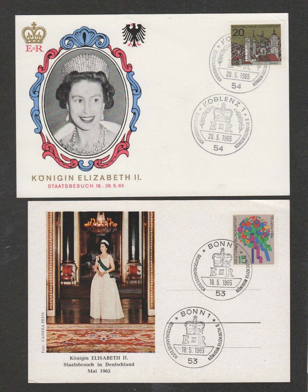 Germany 1965 QEII Royal visit set of 5 different souvenir postcards