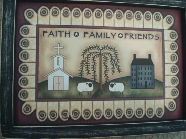 Primitive Country Print *FAITH-FAMILY-FRIENDS* in black frame  11 3/4" x 8 1/2"