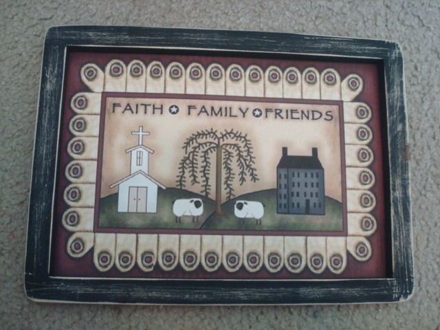 Primitive Country Print *FAITH-FAMILY-FRIENDS* in black frame  11 3/4" x 8 1/2"