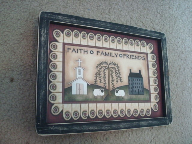 Primitive Country Print *FAITH-FAMILY-FRIENDS* in black frame  11 3/4" x 8 1/2"