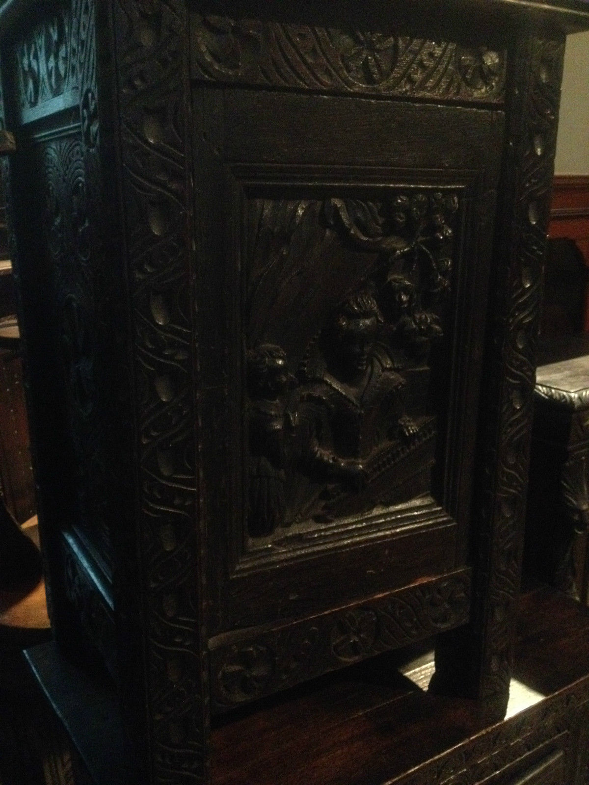 small antique carved gothic oak victorian free standing cabinet elizabethan lady