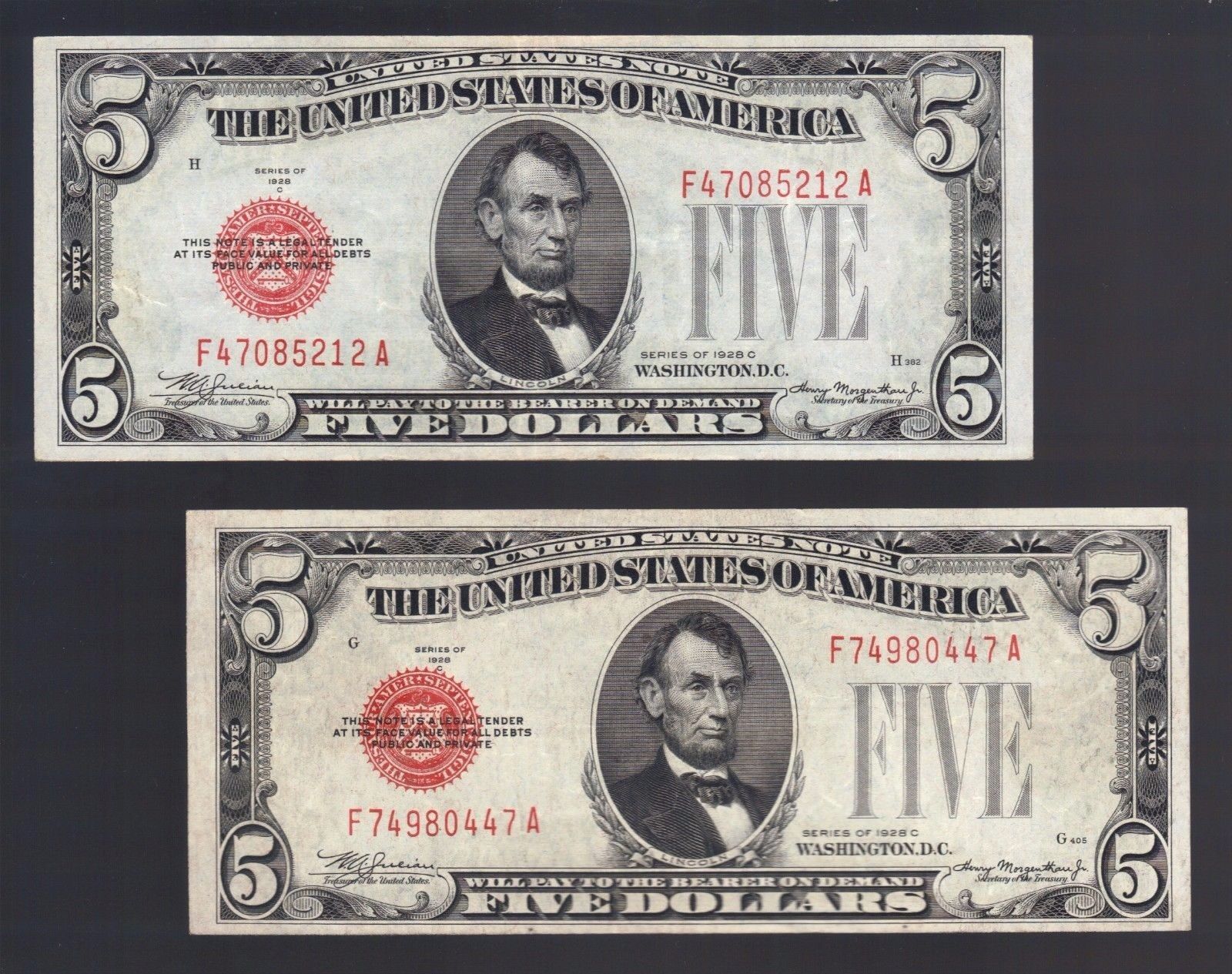 $5 DOLLAR 1928 RED SEAL OLD United States Legal Tender Note Bill USA Paper Money