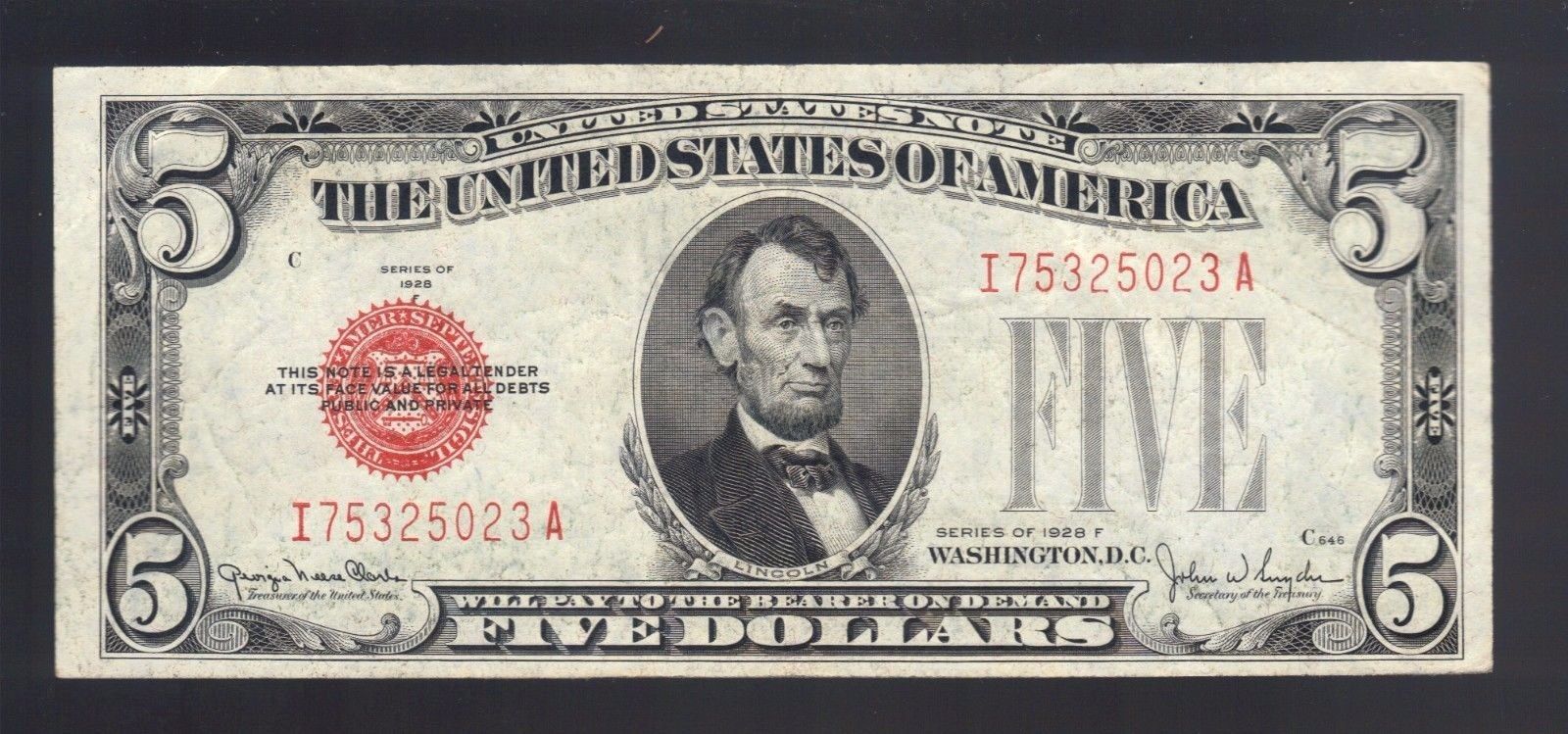 $5 DOLLAR 1928 RED SEAL OLD United States Legal Tender Note Bill USA Paper Money