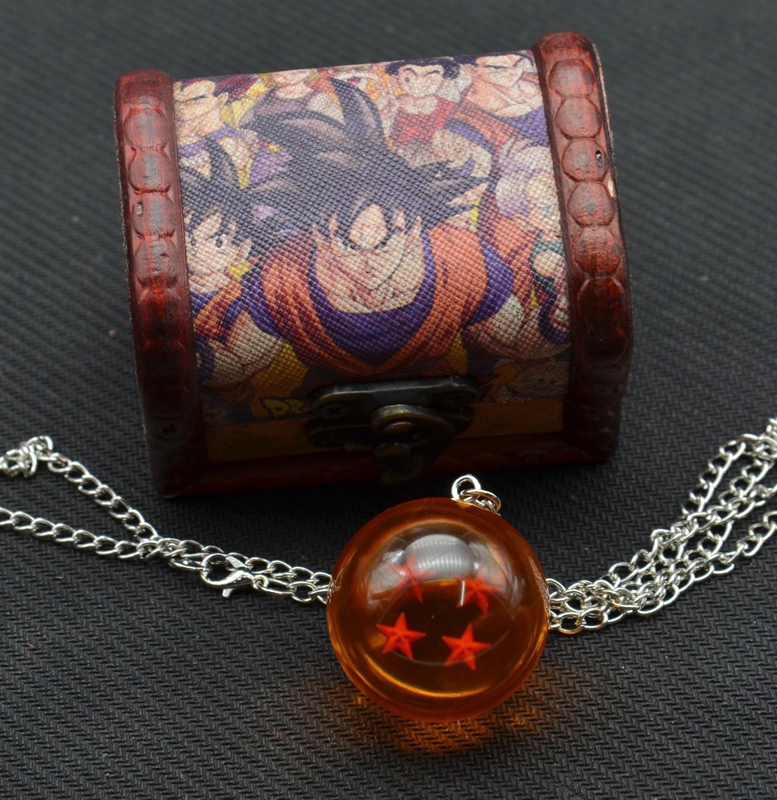 Anime Dragon Ball Z Goku 4 stars Necklace Pendant Chain+Wood Box