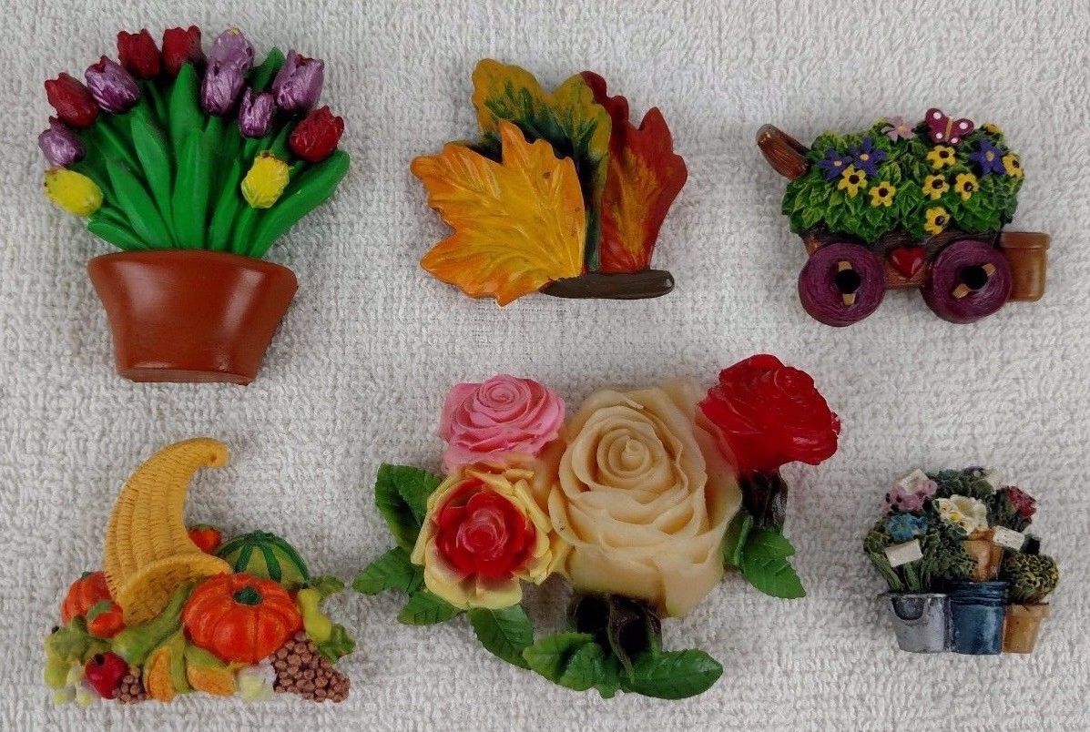 Mixed Lot of 6 Vintage Refrigerator Magnets 4 Flowers 1 Fall Leaves 1 Cornucopia