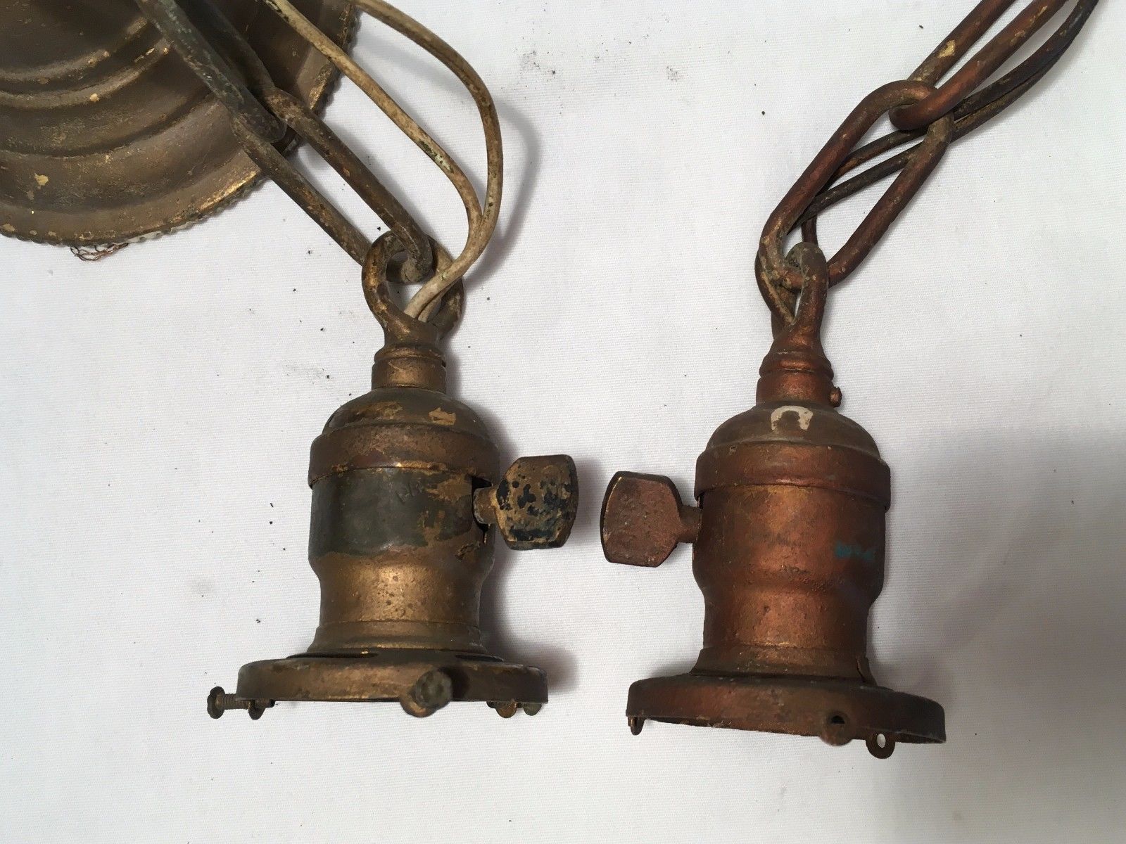 Antique Pair P&S Brass Ceiling Light Fixtures Pendant Hanging VTG Chandelier 20s