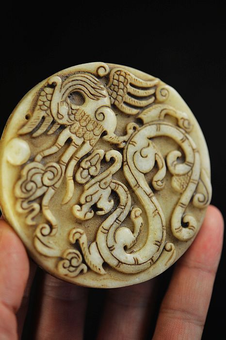 Chinese Antique white Jade hand-carved Lifelike Dragon&phoenix big pendant A10