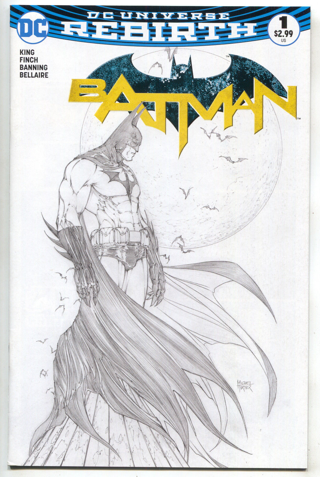 Batman 1 DC 2016 NM- Rebirth Michael Turner B&W Sketch Aspen Variant