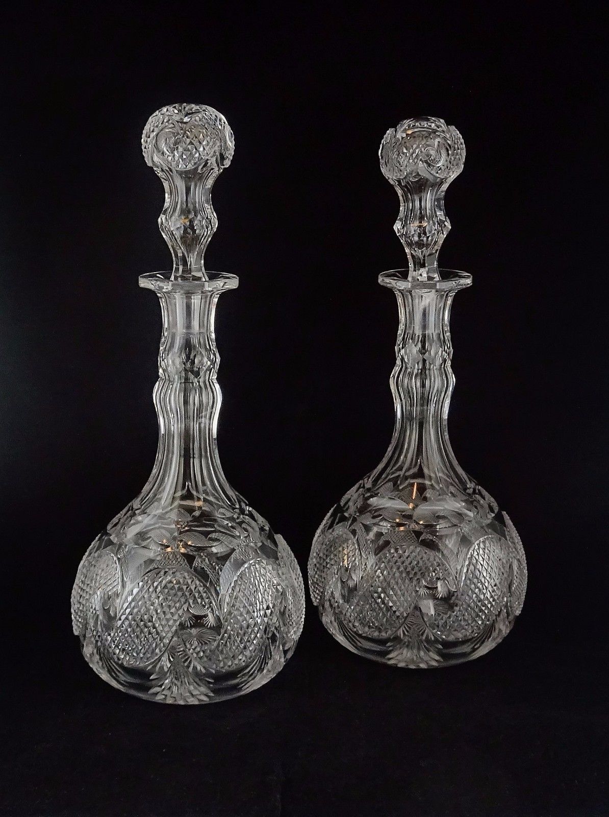 Pair (2) of Antique Crystal Glass Decanters w/Stoppers - Comet Swirl