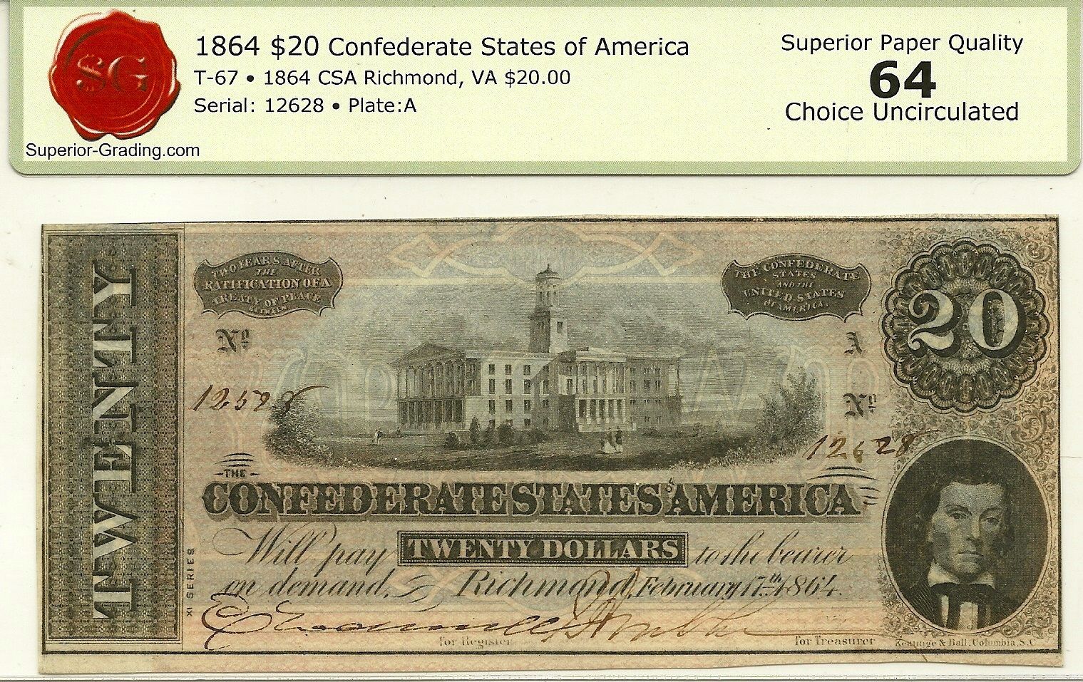 1864 $20 CONFEDERATE STATES CIVIL WAR CURRENCY NOTE - CHOICE CRISP UNCIRCULATED