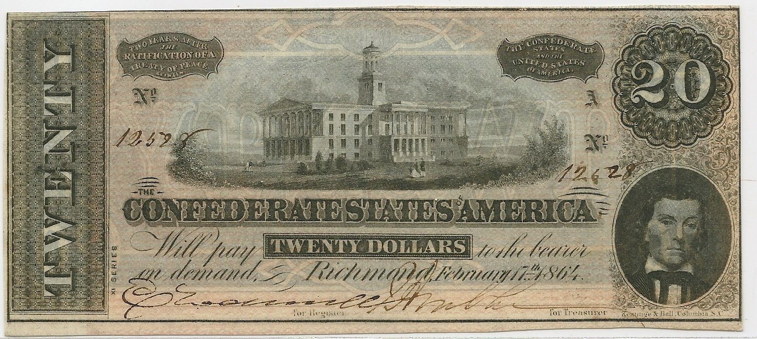 1864 $20 CONFEDERATE STATES CIVIL WAR CURRENCY NOTE - CHOICE CRISP UNCIRCULATED