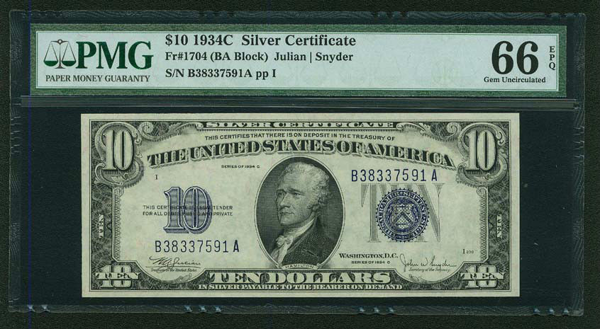 U.S. 1934-C  $10 SILVER CERTIFICATE BANKNOTE  FR-1704, CERTIFIED PMG GEM 66-EPQ