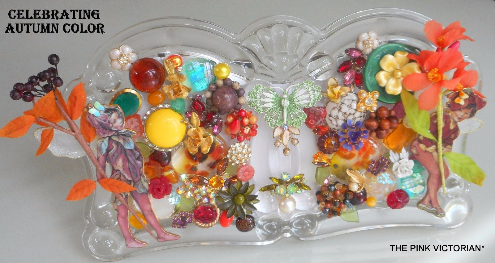 OOAK handmade mixed media VINTAGE JEWELRY collage Crystal GLASS FRAME art work