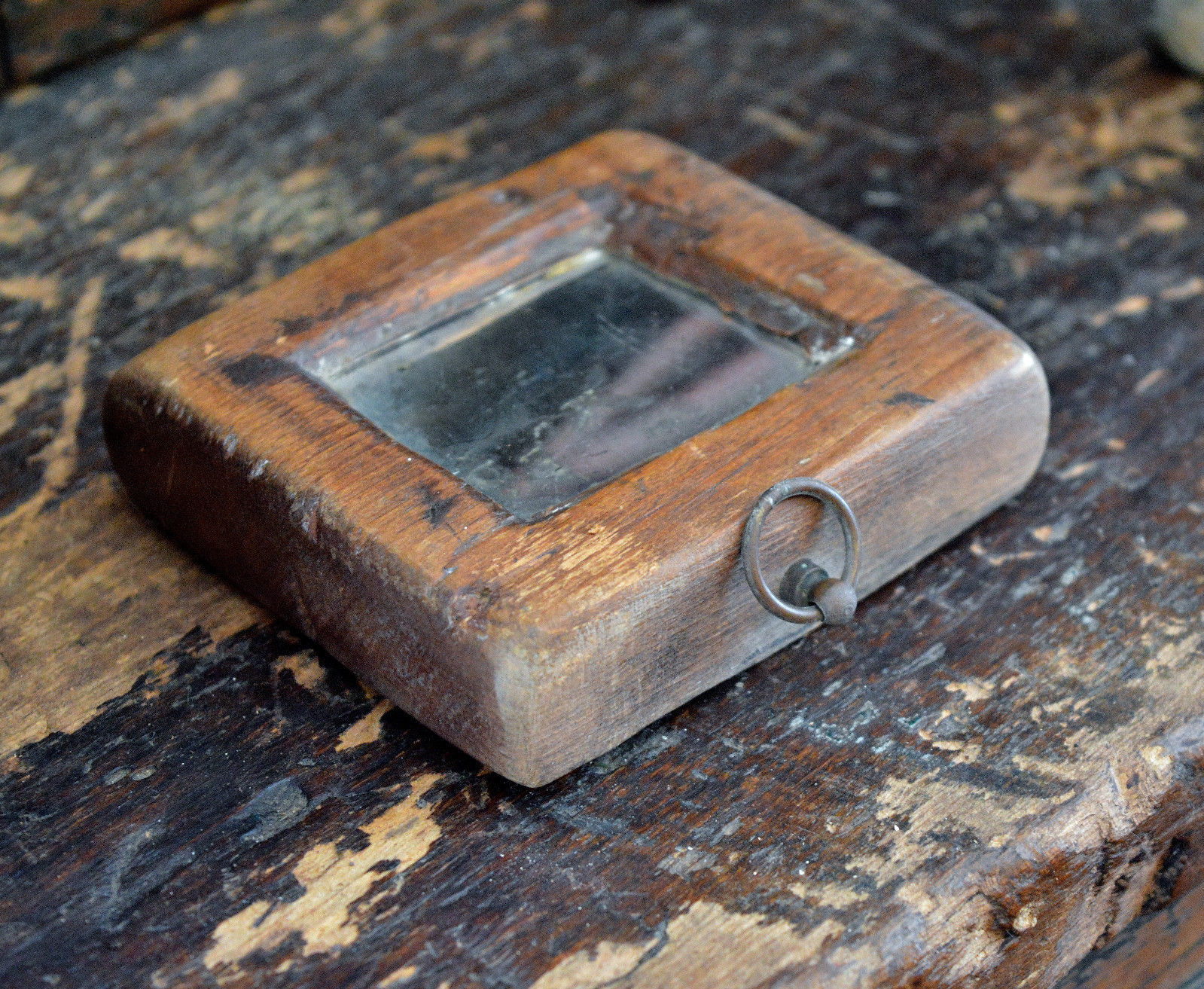 Antique 19th C Small Early Looking Glass with one-piece wooden frame *