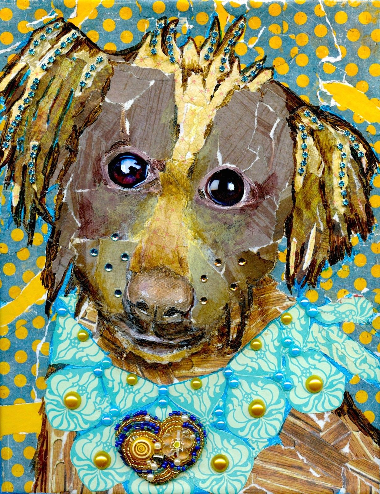 FOLK ART DOG WEARING JEWELLED SCARF MIXED MEDIA COLLAGE ON CANVAS ORIGINAL