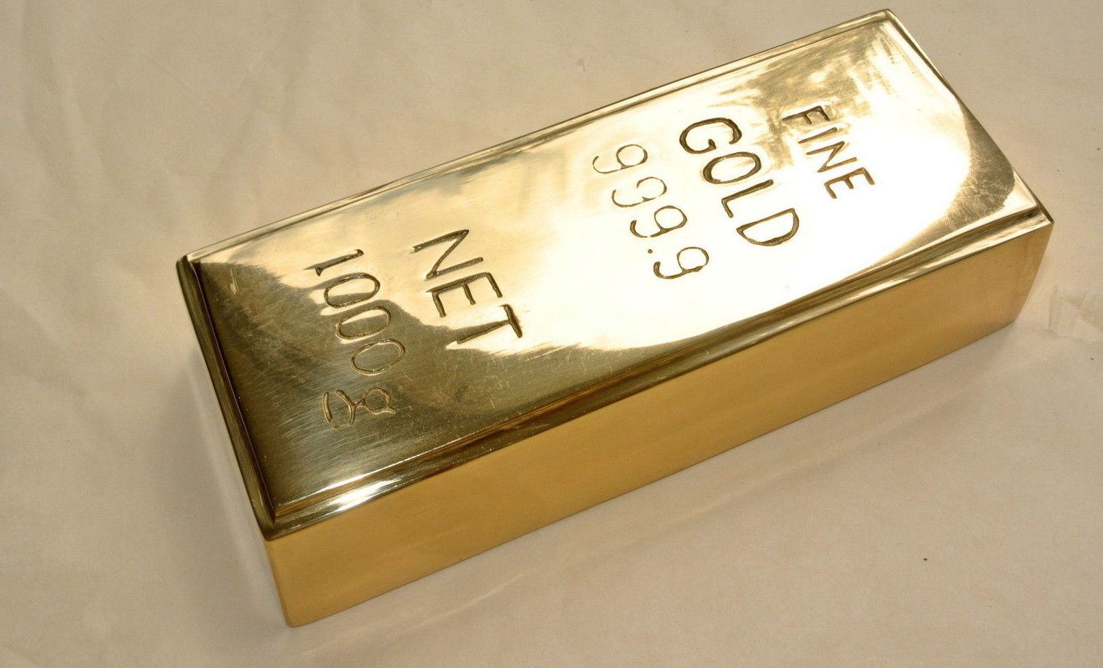 Fake fine GOLD bullion Bar paper weight 6" prop heavy brass polished 999.9 B