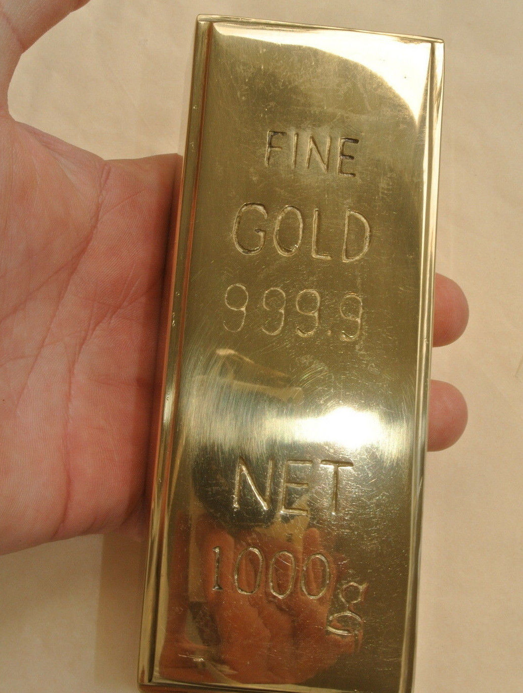 Fake fine GOLD bullion Bar paper weight 6" prop heavy brass polished 999.9 B