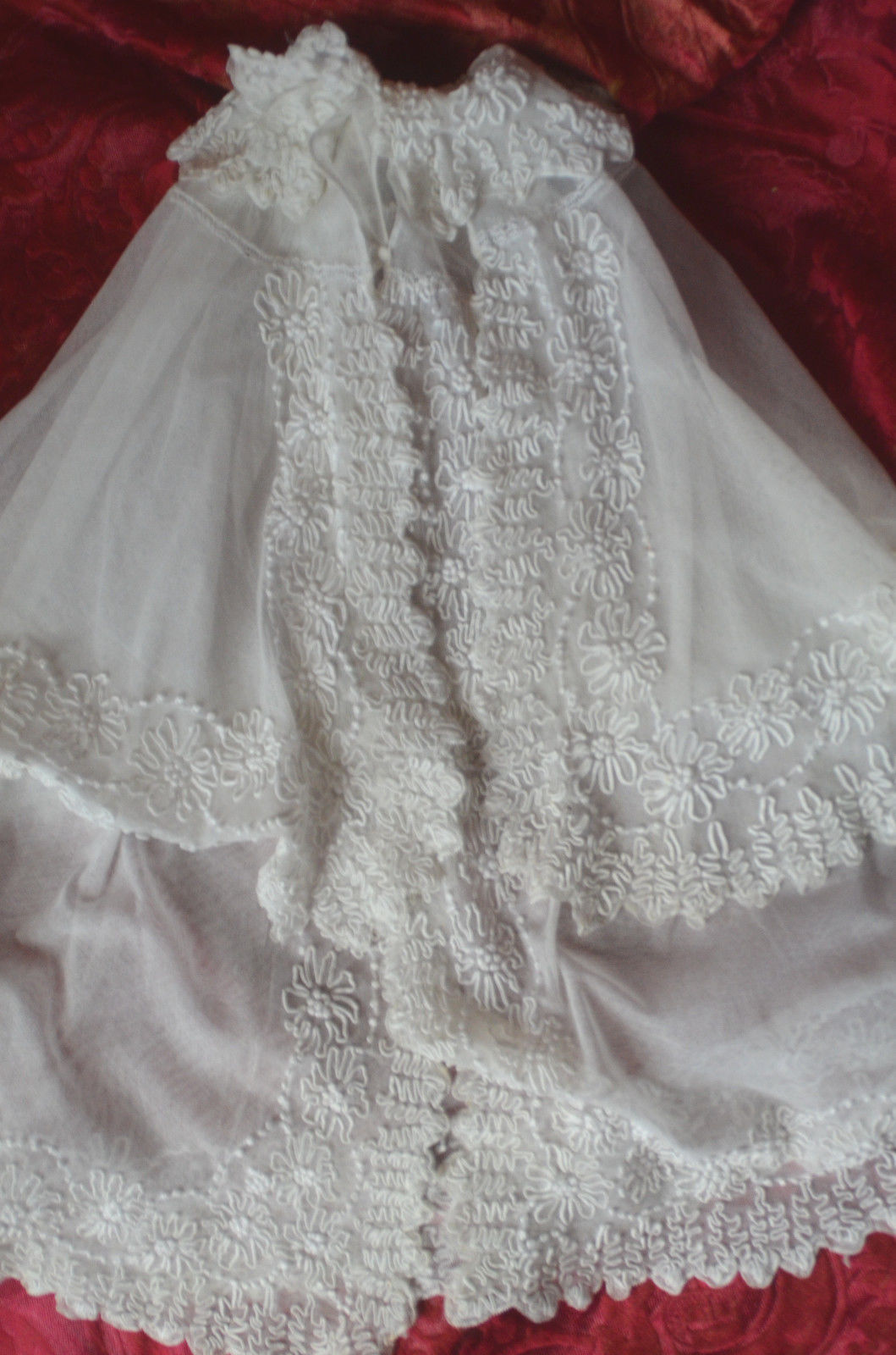 Antique French heirloom christening cape, silk embroidered lace tulle