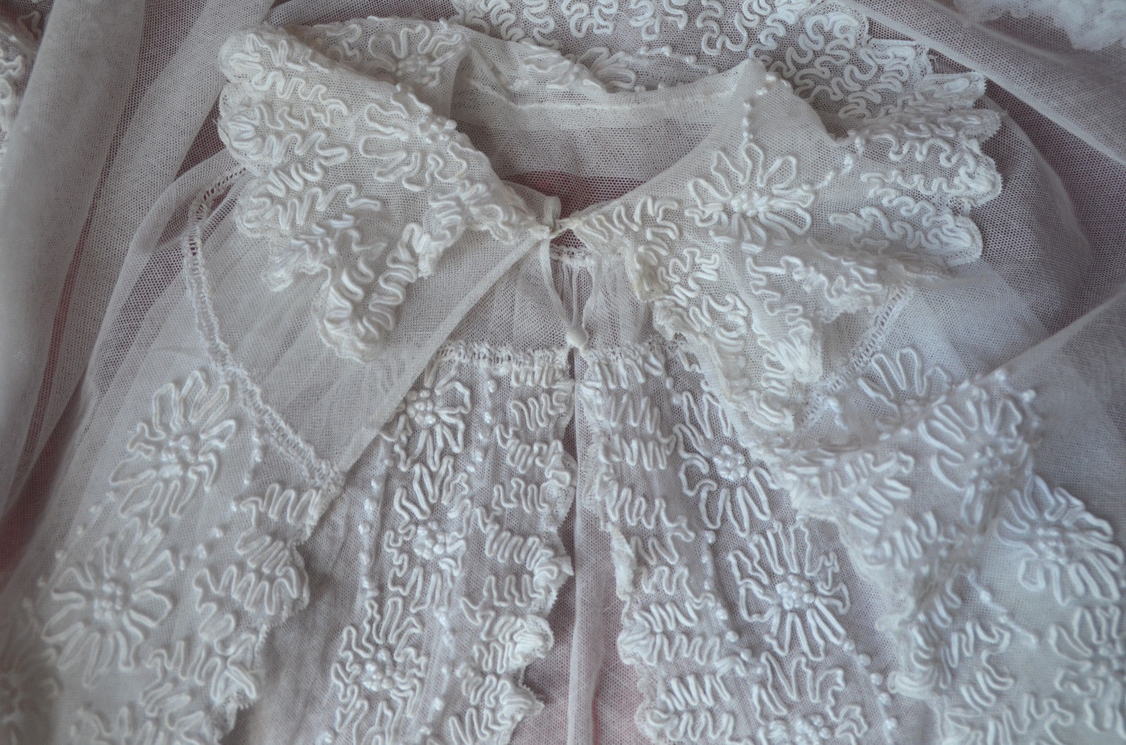 Antique French heirloom christening cape, silk embroidered lace tulle