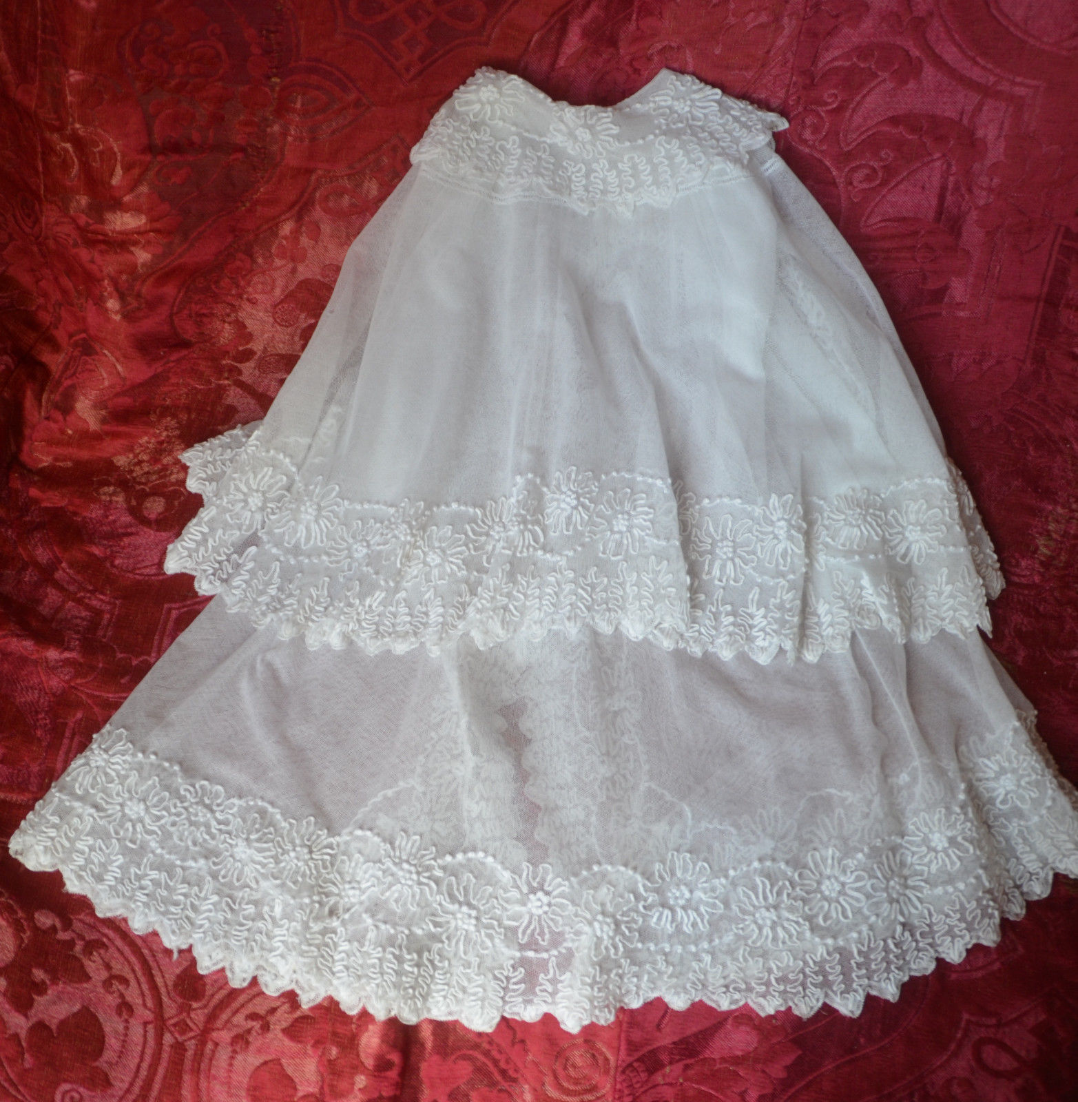 Antique French heirloom christening cape, silk embroidered lace tulle