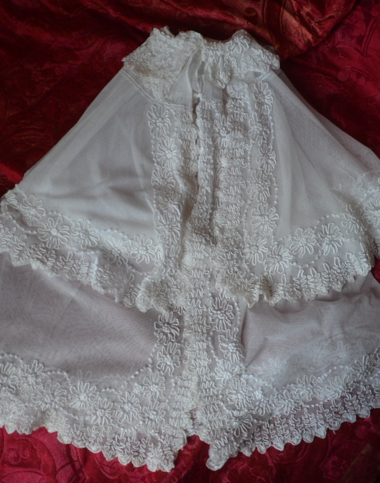 Antique French heirloom christening cape, silk embroidered lace tulle