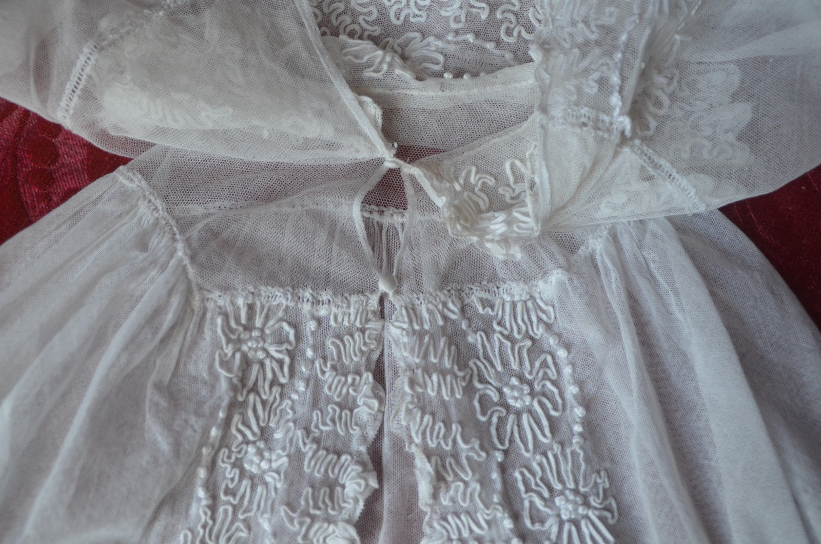 Antique French heirloom christening cape, silk embroidered lace tulle