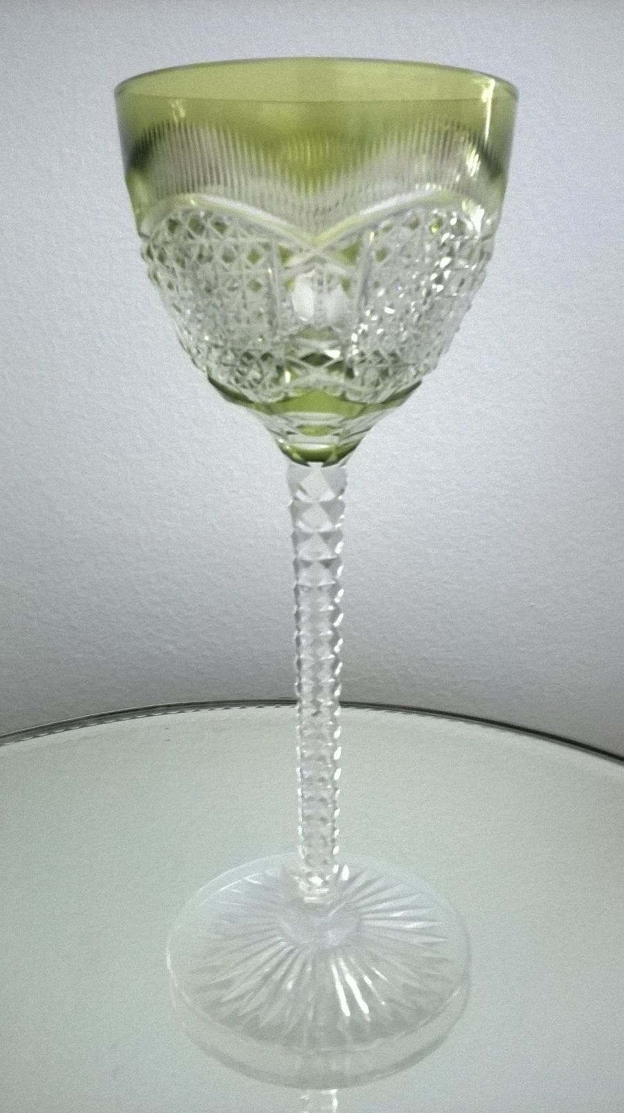 RARE ABP LIGHT GREEN CUT TO CLEAR WINE GLASS ANTIQUE CRYSTAL BACCARAT