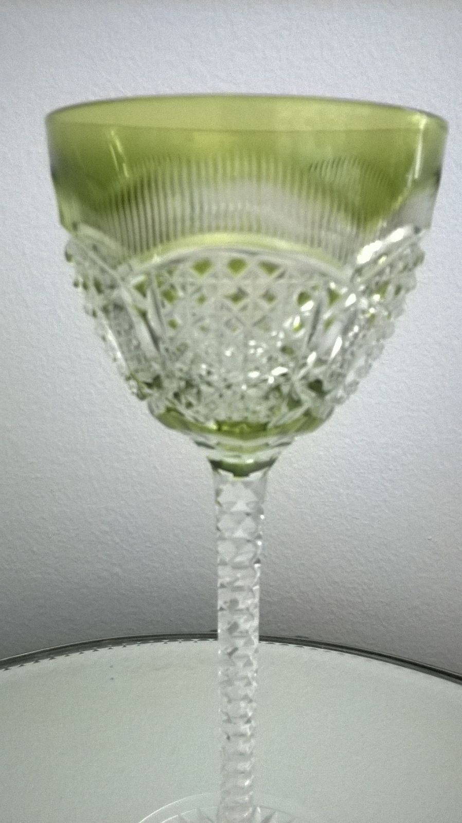 RARE ABP LIGHT GREEN CUT TO CLEAR WINE GLASS ANTIQUE CRYSTAL BACCARAT