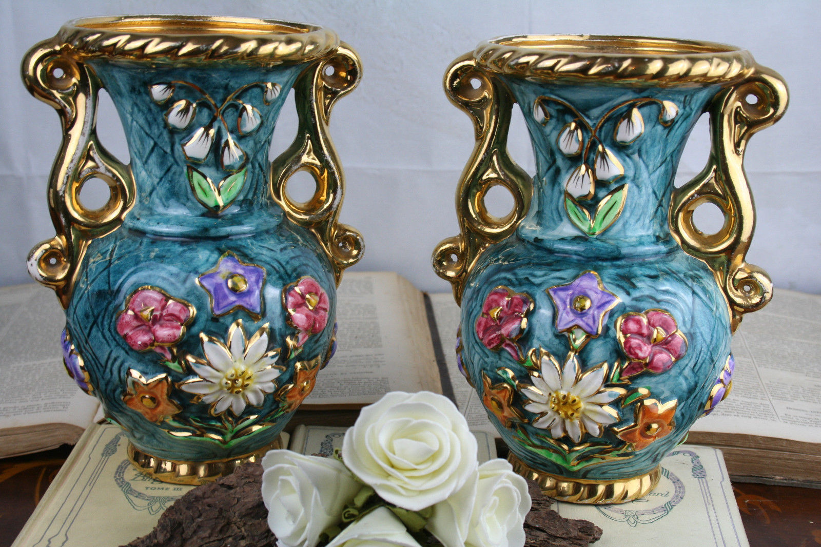 PAIR Flemish art nouveau pottery Ceramic vases marked 1900 Multi coloured