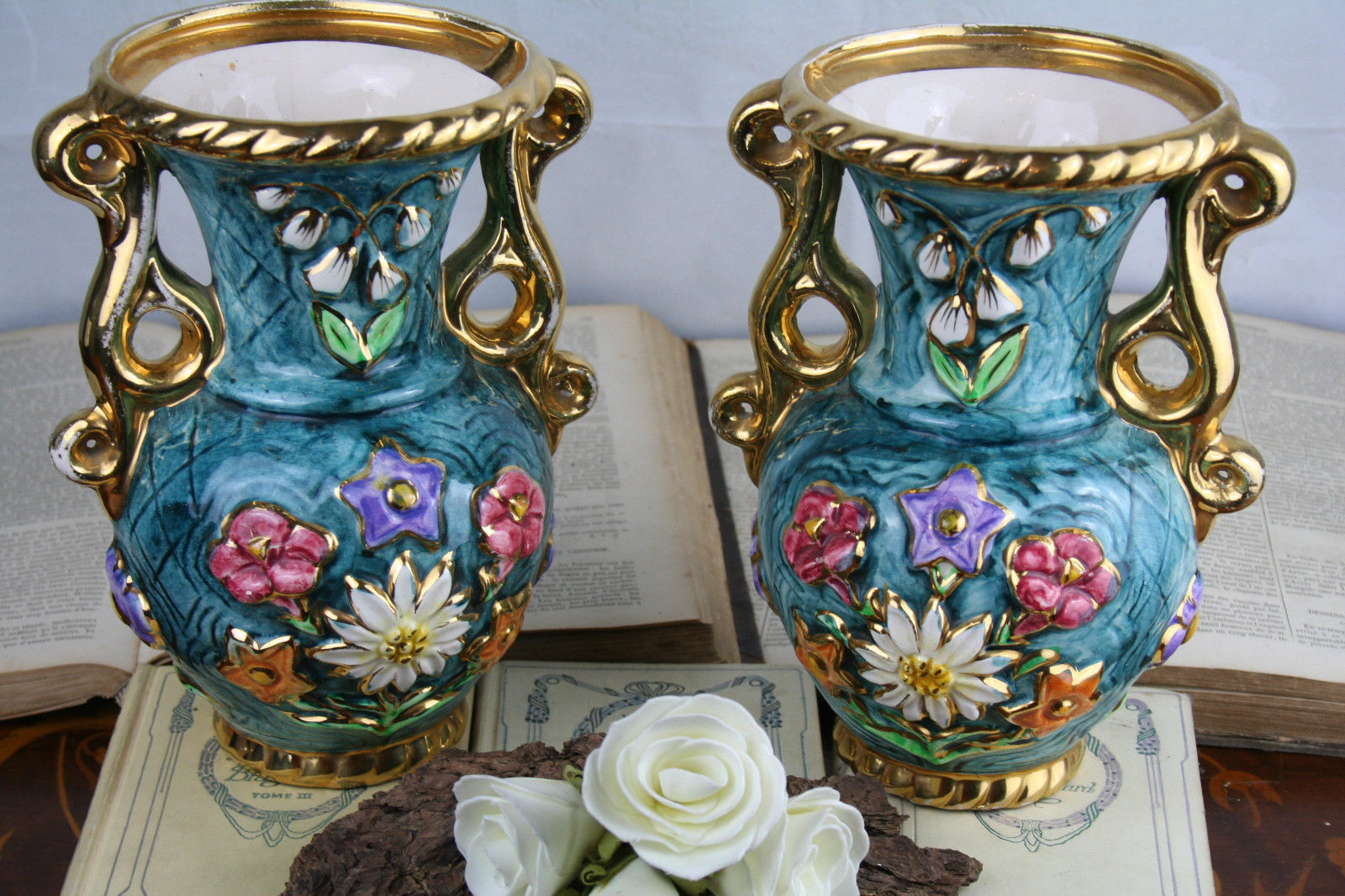 PAIR Flemish art nouveau pottery Ceramic vases marked 1900 Multi coloured