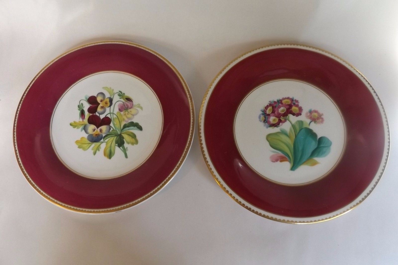 Pair of Early 19th C. English Cabinet Plates-Hand Painted Flowers & Magenta Trim