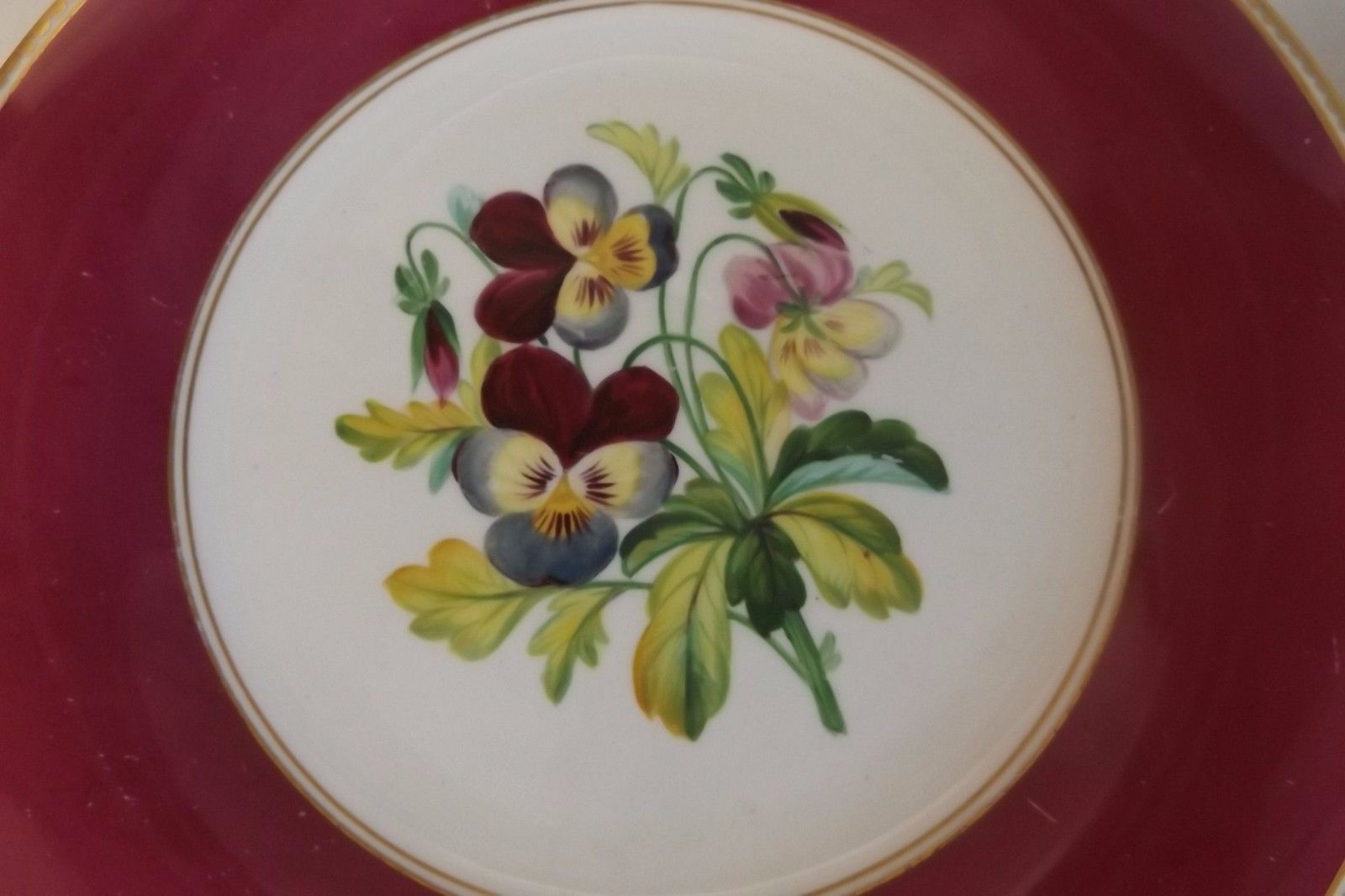 Pair of Early 19th C. English Cabinet Plates-Hand Painted Flowers & Magenta Trim