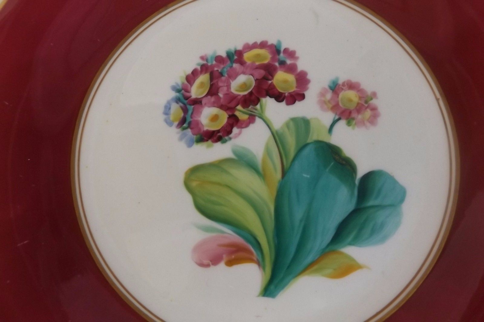 Pair of Early 19th C. English Cabinet Plates-Hand Painted Flowers & Magenta Trim