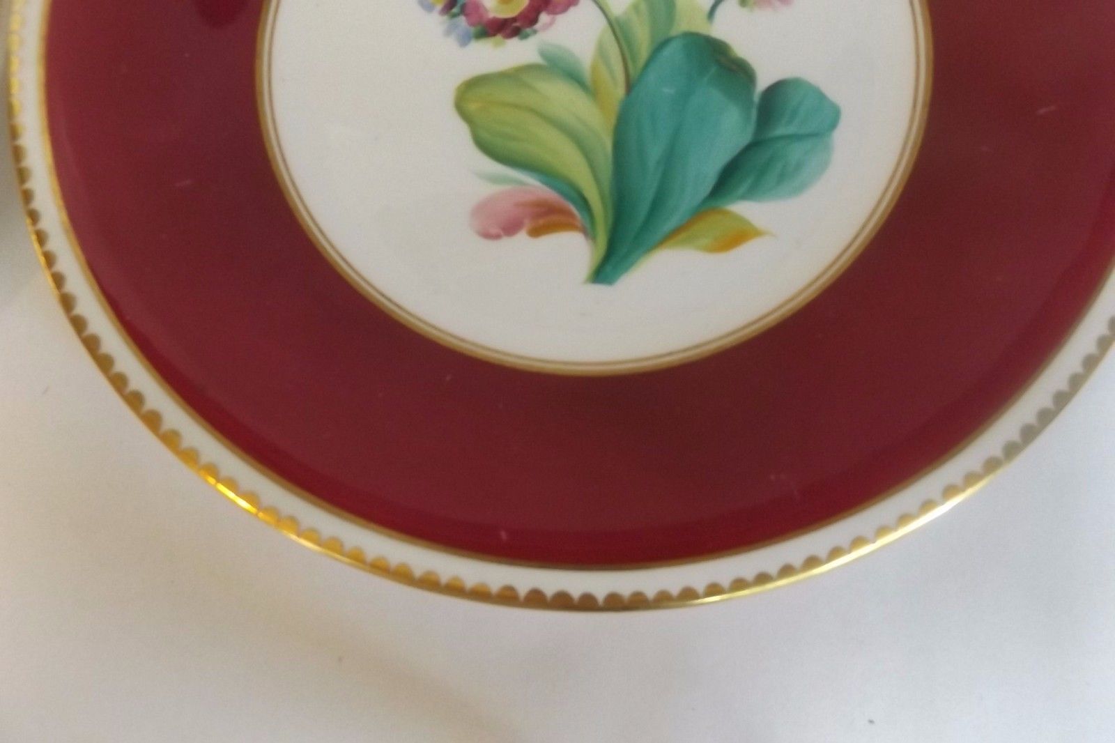 Pair of Early 19th C. English Cabinet Plates-Hand Painted Flowers & Magenta Trim