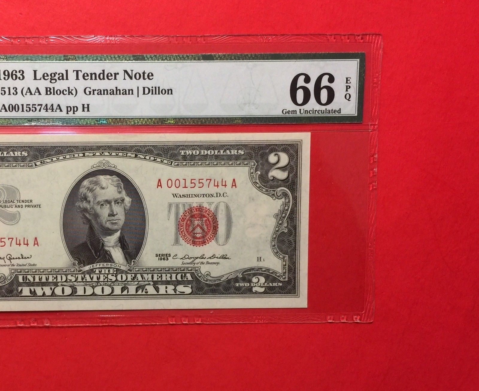 1963 - LEGAL TENDER $2 RED SEAL (AA BLOCK) ,GRADED BY PMG GEM UNC 66 EPQ.