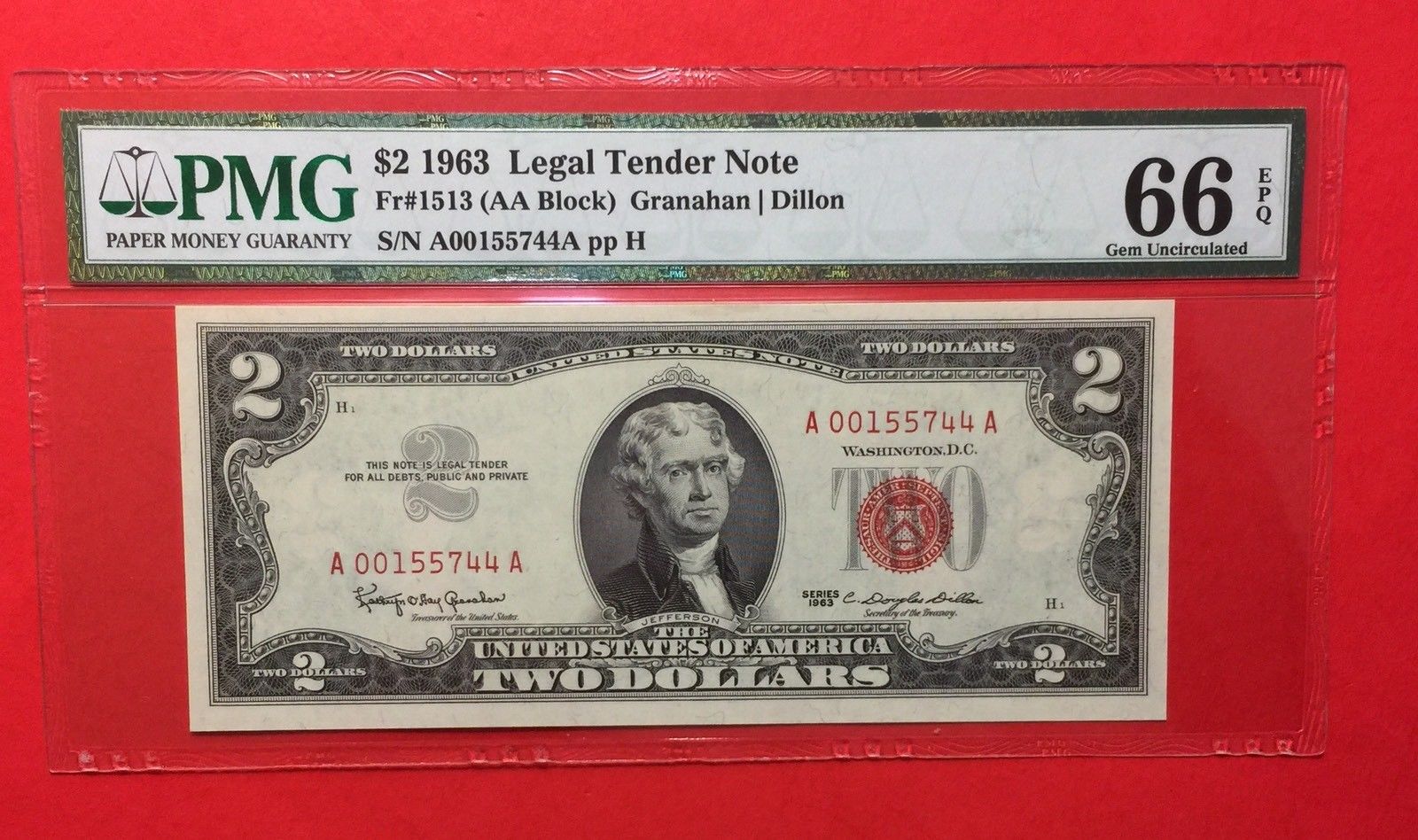 1963 - LEGAL TENDER $2 RED SEAL (AA BLOCK) ,GRADED BY PMG GEM UNC 66 EPQ.