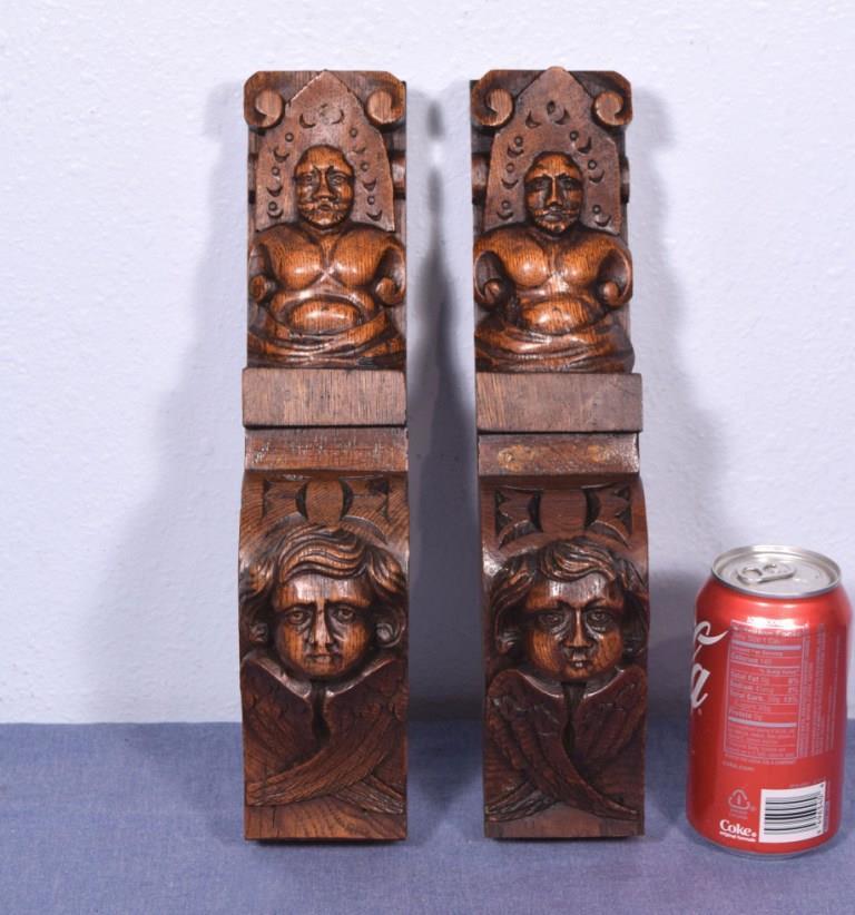 13" French Antique Trim Posts/Pillars in Oak Wood with Cherubs/Angels & Soldiers