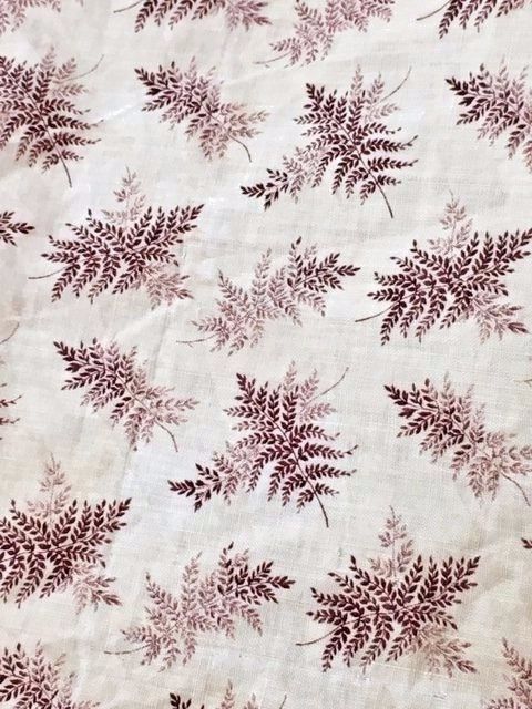 Antique floral fabric brown ivory 19th C cotton