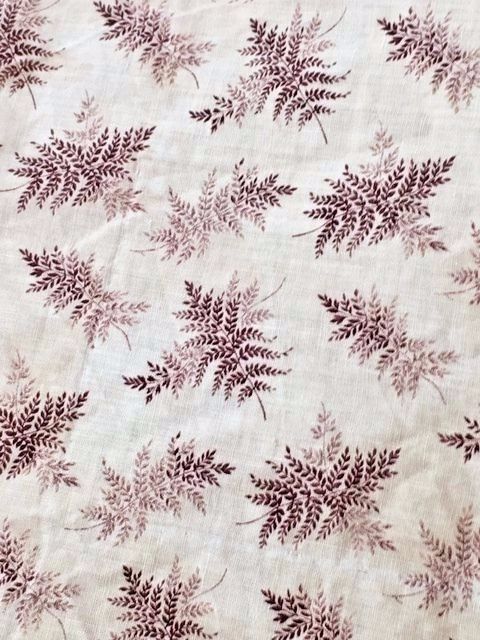 Antique floral fabric brown ivory 19th C cotton