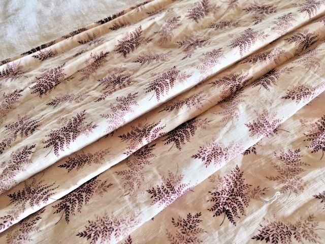 Antique floral fabric brown ivory 19th C cotton