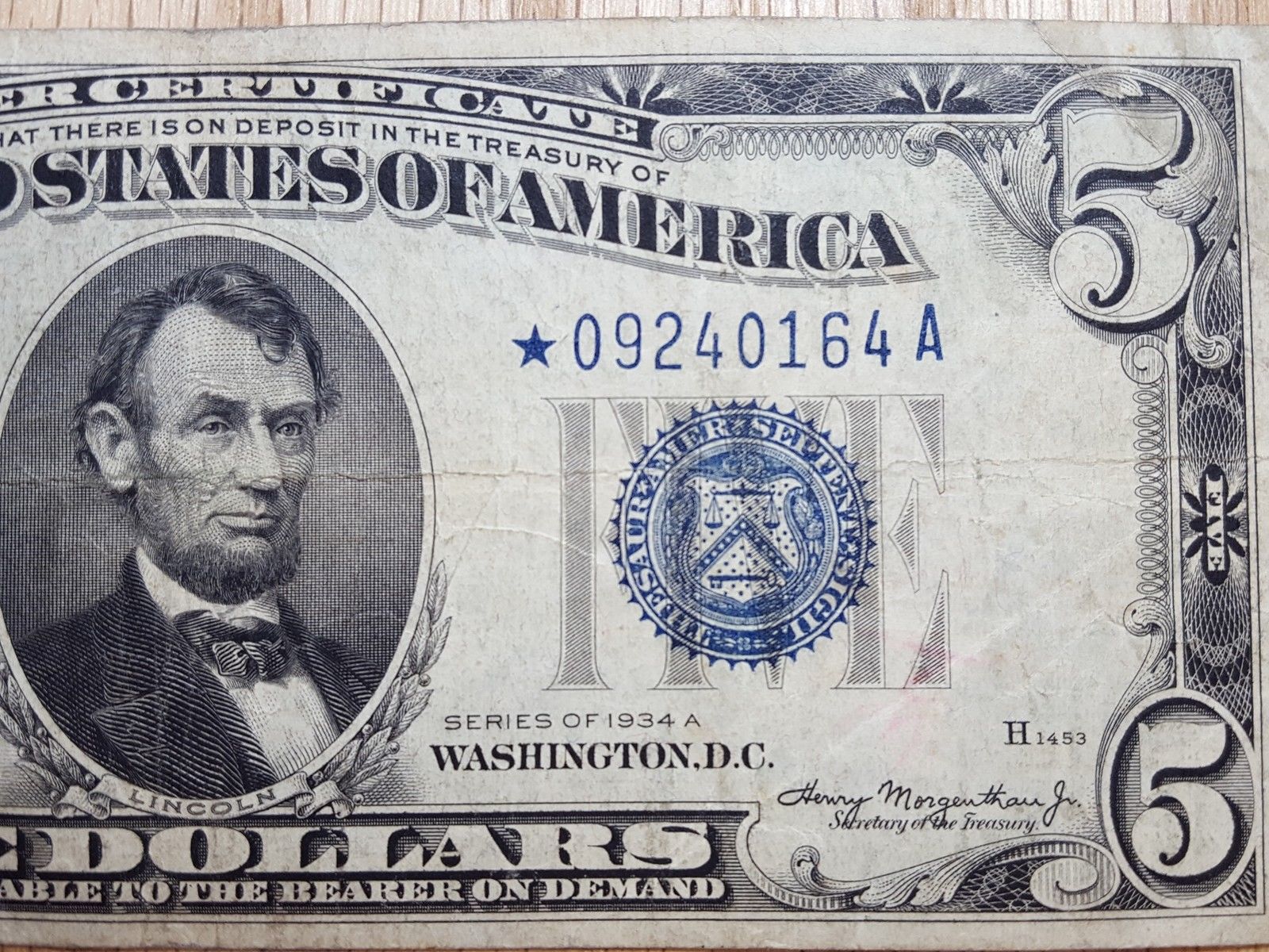 Series 1934 A STAR USA Five Dollar $5 Silver Certificate Circulated FR-1651 #2