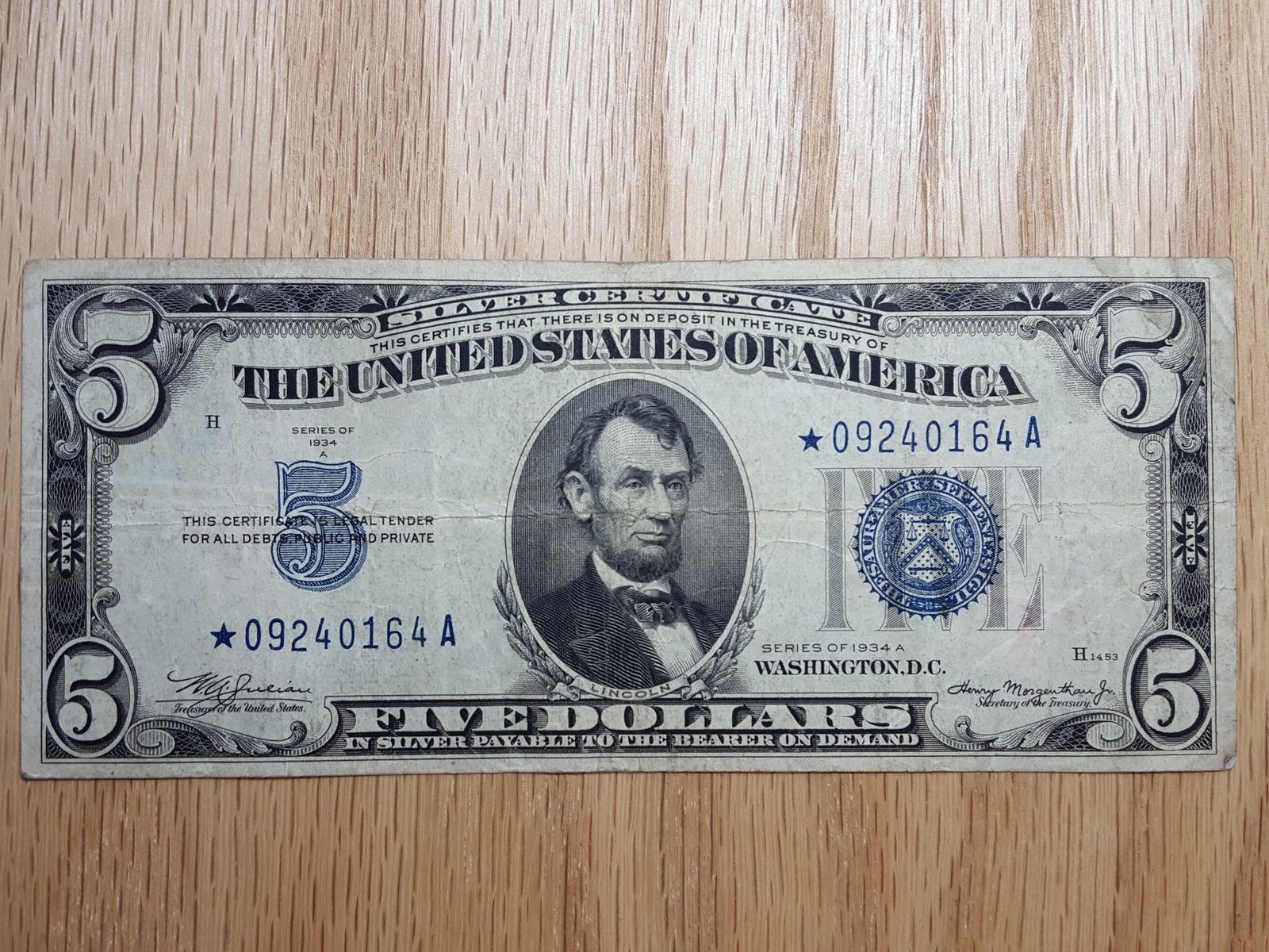 Series 1934 A STAR USA Five Dollar $5 Silver Certificate Circulated FR-1651 #2