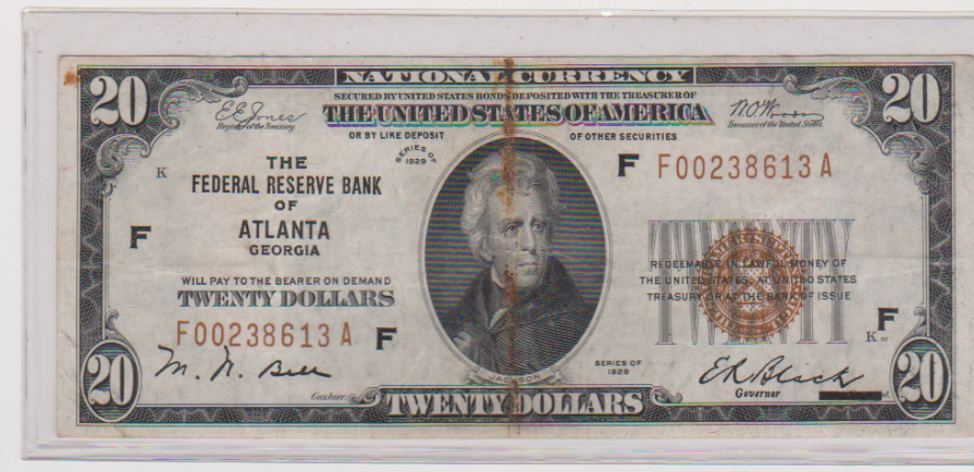 1929~~$20 NATIONAL CURRENCY~~FEDERAL RESERVE BANK of ATLANTA, GA.~~XF INK ERROR