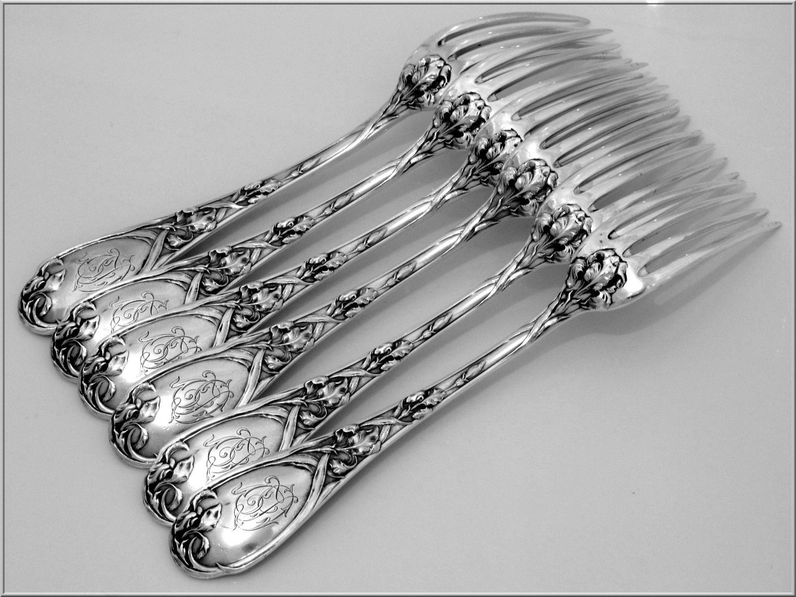 PUIFORCAT Fabulous French Sterling Silver Dinner Forks Set 6 pc Iris