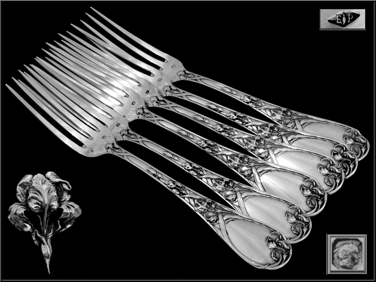 PUIFORCAT Fabulous French Sterling Silver Dinner Forks Set 6 pc Iris