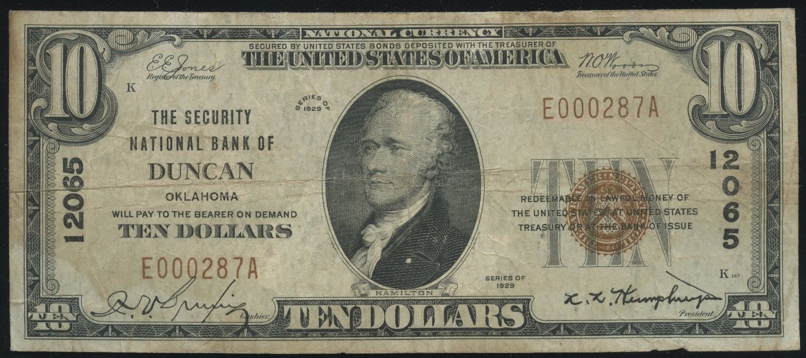 1929 T-1 $10 The Security National Bank of Duncan, Oklahoma #12065